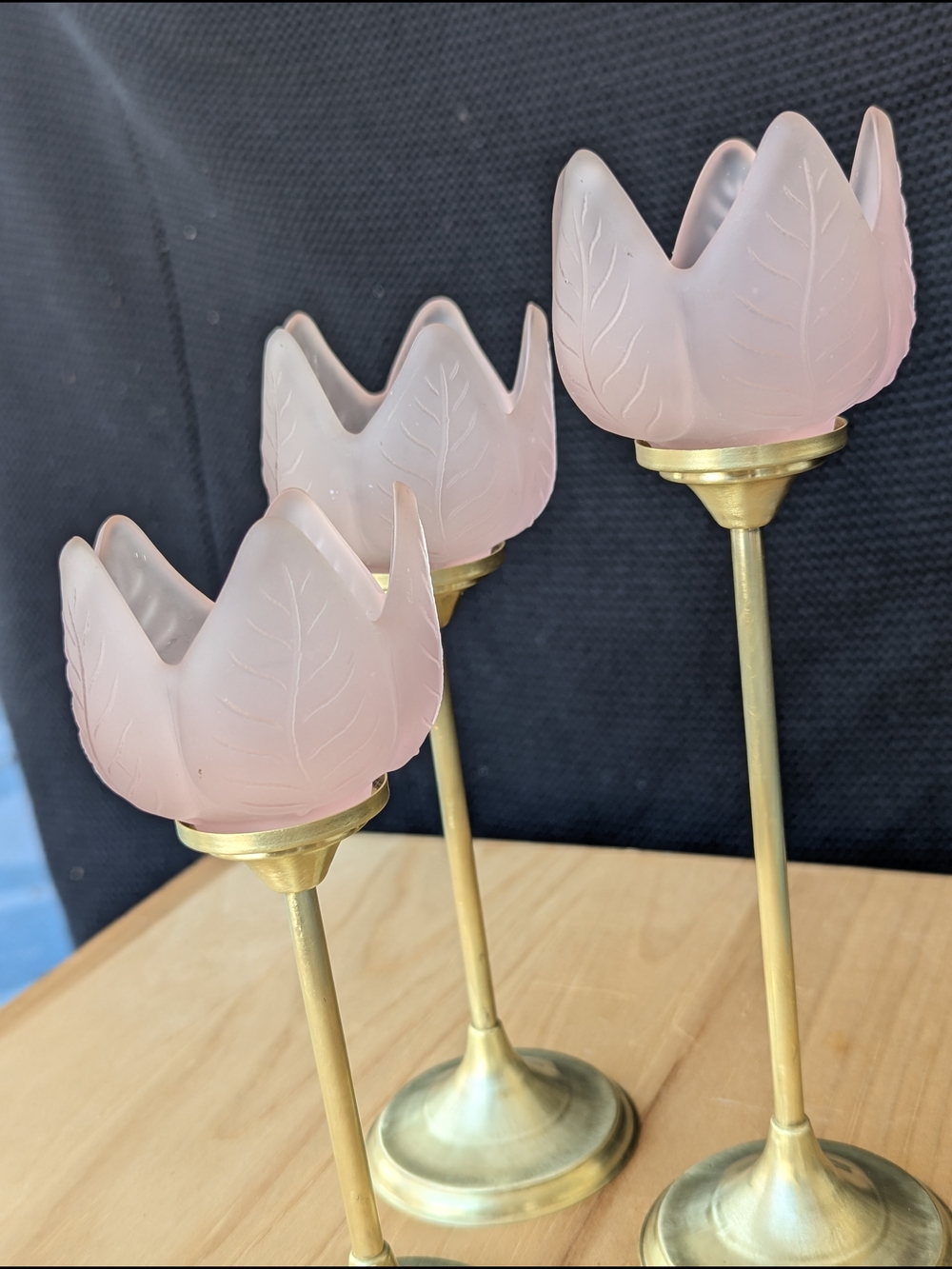 Rose Pink Tulip Glass Candle Holders with Brass Stands - Picture 5 of 8